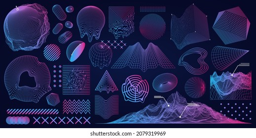 Retrofuturistic holographic objects in the style of the 80-90s. Universal geometric shape with liquid glitch effect, vaporwave, synthwave shapes, for pints, t-shirts, posters, covers and products