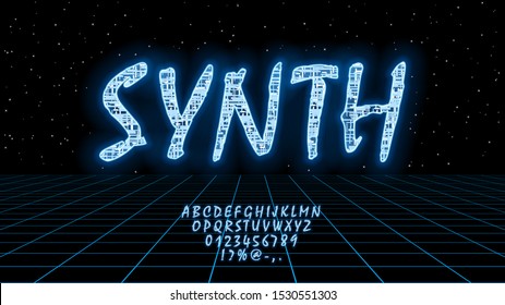 Retrofuturistic HUD blue vector font design synthwave. English letters and numbers with hologram effect. Digital hi-tech style symbols. Typography design for headlines, labels, posters, cover. Eps 10.