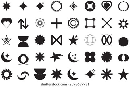 Retrofuturistic icons, y2k elements set. Postmodern geometric shapes and futuristic icons set,Trendy artistic shapes. Y2K graphic box vector illustrasion.
