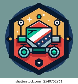 A retro-futuristic illustration of a space rover exploring a planet, with vibrant colors and a whimsical style. This design is perfect for space-themed projects, posters.