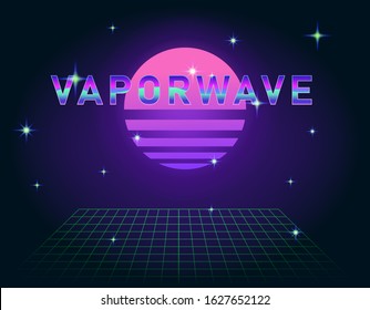 Retrofuturistic landscape with endless laser grid and sunrise above it. Vaporwave and retrowave style background.