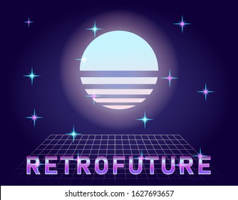 Retrofuturistic landscape with endless laser grid and sunrise above it. Vaporwave and retrowave style background.