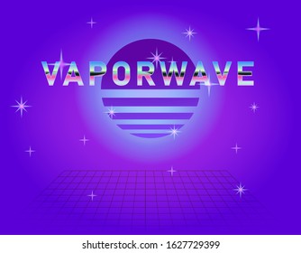 Retrofuturistic landscape with endless laser grid and sunrise above it. Vaporwave and retrowave style background.