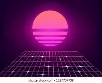 Retrofuturistic landscape with endless laser grid and sunrise above it. Vaporwave and retrowave style background.