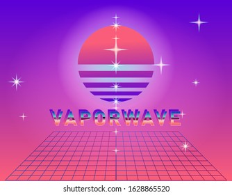Retrofuturistic landscape with endless laser grid and sunrise above it. Vaporwave and retrowave style background.