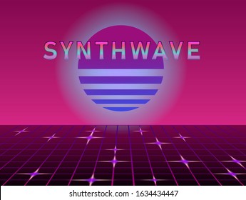 Retrofuturistic landscape with endless laser grid and sunrise above it. Vaporwave and retrowave style background.