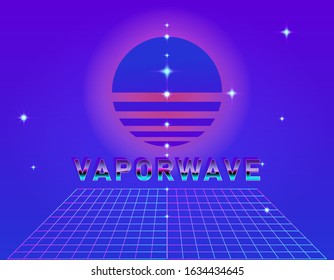 Retrofuturistic landscape with endless laser grid and sunrise above it. Vaporwave and retrowave style background.
