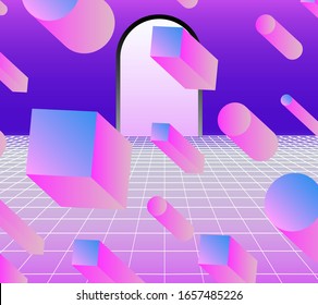 Retrofuturistic Landscape With Floating 3D Neon Shapes In Zero Gravity Above Endless Laser Grid. Abstract Illustration In Retrowave And Vaporwave Style.