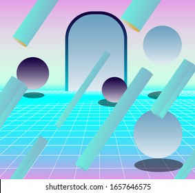 Retrofuturistic Landscape With Floating 3D Neon Shapes In Zero Gravity Above Endless Laser Grid. Abstract Illustration In Retrowave And Vaporwave Style.