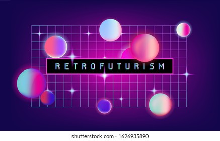 Retrofuturistic Landscape With Laser Grid And Floating Neon Spheres In Zero Gravity. Vaporwave And Retrowave Style Background.