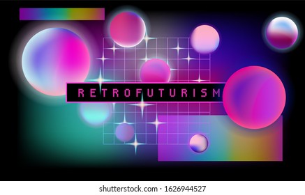 Retrofuturistic Landscape With Laser Grid And Floating Neon Spheres In Zero Gravity. Vaporwave And Retrowave Style Background.