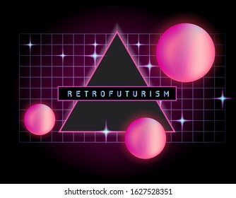 Retrofuturistic Landscape With Laser Grid And Floating Neon Spheres In Zero Gravity. Vaporwave And Retrowave Style Background.