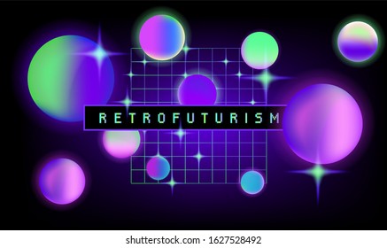 Retrofuturistic Landscape With Laser Grid And Floating Neon Spheres In Zero Gravity. Vaporwave And Retrowave Style Background.