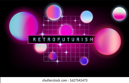 Retrofuturistic Landscape With Laser Grid And Floating Neon Spheres In Zero Gravity. Vaporwave And Retrowave Style Background.