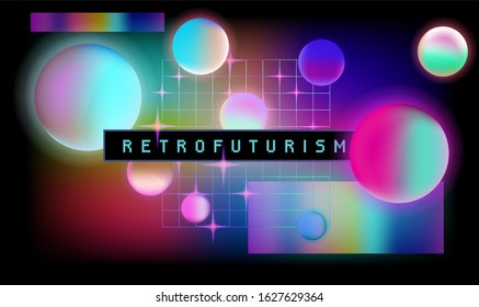 Retrofuturistic Landscape With Laser Grid And Floating Neon Spheres In Zero Gravity. Vaporwave And Retrowave Style Background.