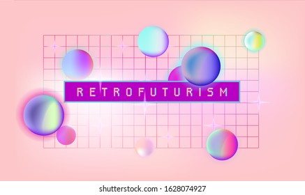 Retrofuturistic Landscape With Laser Grid And Floating Neon Spheres In Zero Gravity. Vaporwave And Retrowave Style Background.