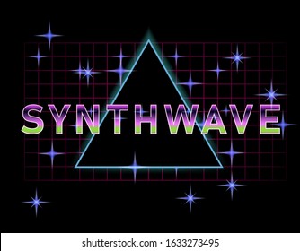 Retrofuturistic landscape with laser grid and glowing triangle. Vaporwave and retrowave style background.