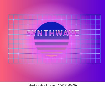 Retrofuturistic landscape with laser grid and neon sun. Vaporwave and retrowave style background.