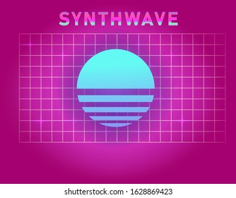 Retrofuturistic landscape with laser grid and neon sun. Vaporwave and retrowave style background.
