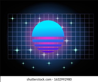 Retrofuturistic landscape with laser grid and neon sun. Vaporwave and retrowave style background.