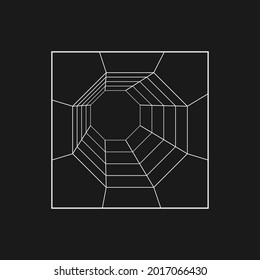 Retrofuturistic octagonal grid tunnel in the rectangle frame. Cyber design element. Tunnel in cyberpunk 80s style. Perspective geometry for poster, cover in retrowave style. Vector illustration.