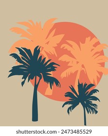 Retro-futuristic palm trees in the 80s style at sunset. Summer time, palm trees against the background of the sun, synthwave style. Design for advertising brochures and banners. Vector illustration.