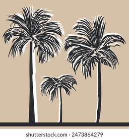 Retro-futuristic palm trees in the 80s style at sunset. Summer time, palm trees against the background of the sun, synthwave style. Design for advertising brochures and banners. Vector illustration.