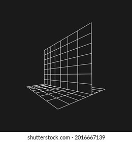 Retrofuturistic perpendicular perspective grids. Cyber retro design element. Grid in cyberpunk 80s style. Perspective for poster, cover, merch in retrowave style. Vector illustration.