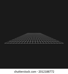 Retrofuturistic perspective grid. Digital cyber retro design element. Grid in cyberpunk 80s style. Perspective geometry for poster, cover, merch in retrowave style. Vector illustration.