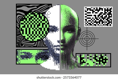 Retrofuturistic pixel art collage with different textures and glitched human face. Conceptual vector illustration of the Artificial Intelligence and Future Technology.