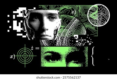 Retrofuturistic pixel art collage with different textures and glitched human face parts. Conceptual vector illustration of the Artificial Intelligence and Future Technology.