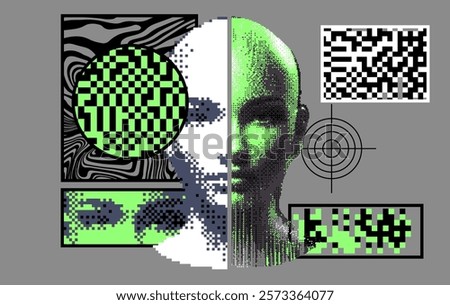 Retrofuturistic pixel art collage with different textures and glitched human face. Conceptual vector illustration of the Artificial Intelligence and Future Technology.