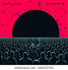 Retrofuturistic pixel art illustration depicting a human crowd standing against a rising sun. Сonceptual representation of a dystopian future.