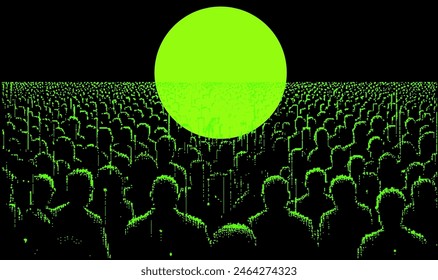 Retrofuturistic pixel art illustration depicting a human crowd standing against a rising neon green sun. Сonceptual representation of a dystopian future.