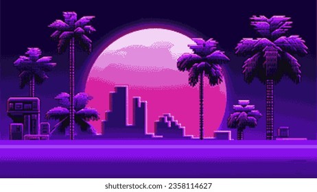 Paisaje de arte de píxeles retrofuturistas con luna, palmeras y rascacielos. Ilustración vectorial de 8 bits para la impresión de camisetas o el diseño de afiches.