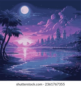 Retrofuturistic pixel art landscape with moon, palm trees and skyscrapers. Vector 8-bit style illustration for t-shirt print or poster design.