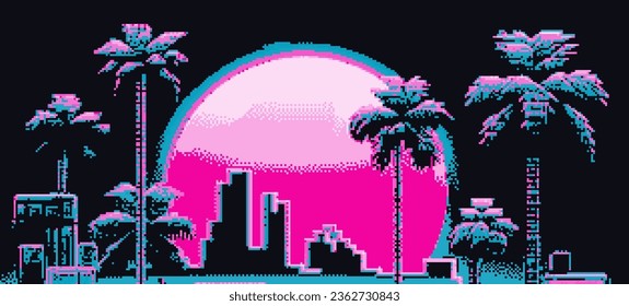 Retrofuturistic pixel art landscape with moon, palm trees and skyscrapers. Vector 8-bit style illustration for t-shirt print or poster design.