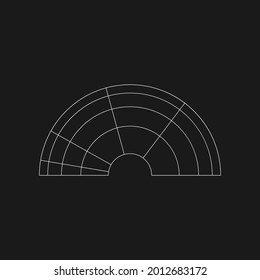 Retrofuturistic polar logarithmic grid. Digital cyber retro design element. Semicircle polar Grid in cyberpunk 80s style. Circular geometry for poster, cover in retrowave style. Vector illustration.