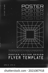 Retrofuturistic poster design. Cyberpunk 80s style poster with perspective grid laser tunnel. Shabby scratched flyer template for your design. Vector illustration.