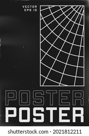 Retrofuturistic poster design. Cyberpunk 80s style poster with retrofuturistic polar grid in frame. Shabby scratched flyer template for your design. Vector illustration.