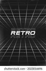 Retrofuturistic poster design. Cyberpunk 80s style poster with perspective grids and RETRO title. Shabby scratched flyer template for your design. Vector illustration.