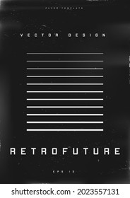 Retrofuturistic poster design. Cyberpunk 80s style poster with retrofuturistic striped square. Shabby scratched flyer template for your design. Vector illustration.