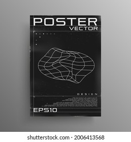 Retrofuturistic poster design with ellipse liquid distorted planet. Retro cyberpunk black and white  poster with HUD elements. Cover design for rave music events. Vector illustration.