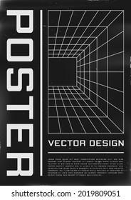 Retrofuturistic poster design with perspective grid tunnel. Cyberpunk 80s style poster with perspective laser tunnel. Shabby scratched flyer template for your design. Vector illustration.