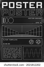 Retrofuturistic poster design with perspective grid tunnel. Cyberpunk 80s style poster with retrofuturistic shapes. Shabby scratched flyer template for your design. Vector illustration.