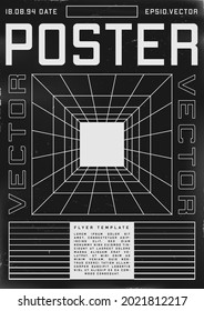 Retrofuturistisches Plakatdesign mit Perspektivgittertunnel. Cyberpunk-Poster im Stil der 80er Jahre mit Tunnel und Licht am Ende. Shabby-gekratzte Flyer-Vorlage für Ihr Design. Vektorgrafik.