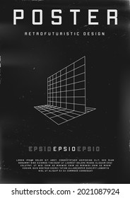 Retrofuturistic poster design with perspective grids. Cyberpunk 80s style poster with perspective flatnesses. Shabby scratched flyer template for your design. Vector illustration.