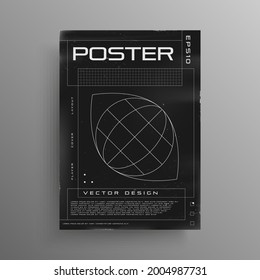 Retrofuturistic poster design with trendy cyber elements. Retro cyberpunk poster with wireframe planet inside eye shape. Cover design with grids and HUD elements. Vector illustration.