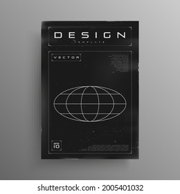 Retrofuturistic poster with ellipse wireframe planet and HUD elements. Black and white retro cyber poster. Flyer template in retro cyberpunk style for electronic music events. Vector illustration.