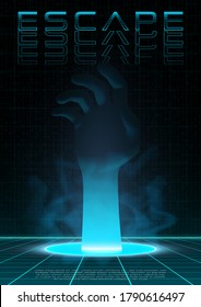 Retrofuturistic poster with hand passing through the portal. Retrowave sci-fi template for electronic music events. Design for flyer, cover, web. Vector.